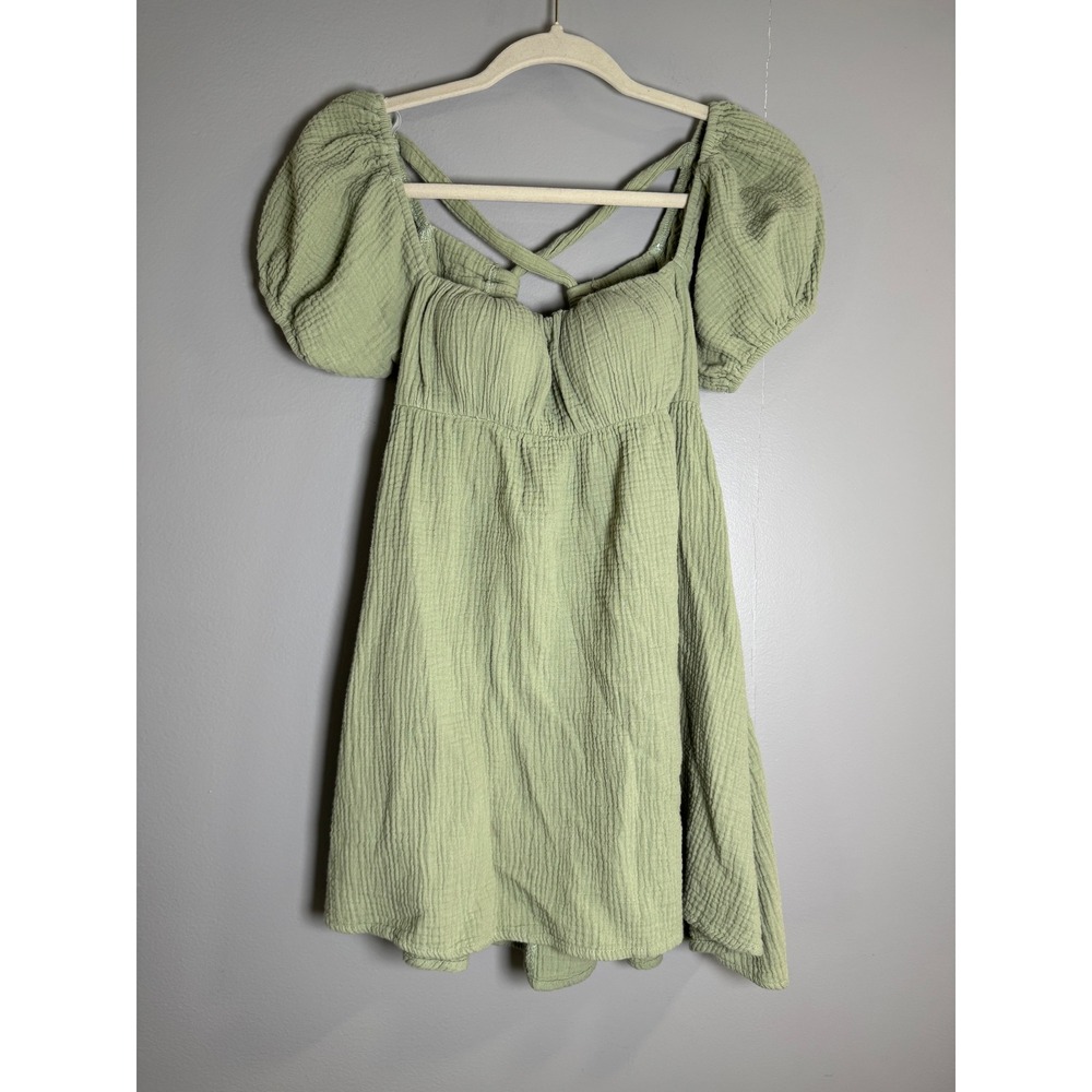 Princess Polly Mini Dress Green Puff‎ Sleeve Criss Cross Backless Women's